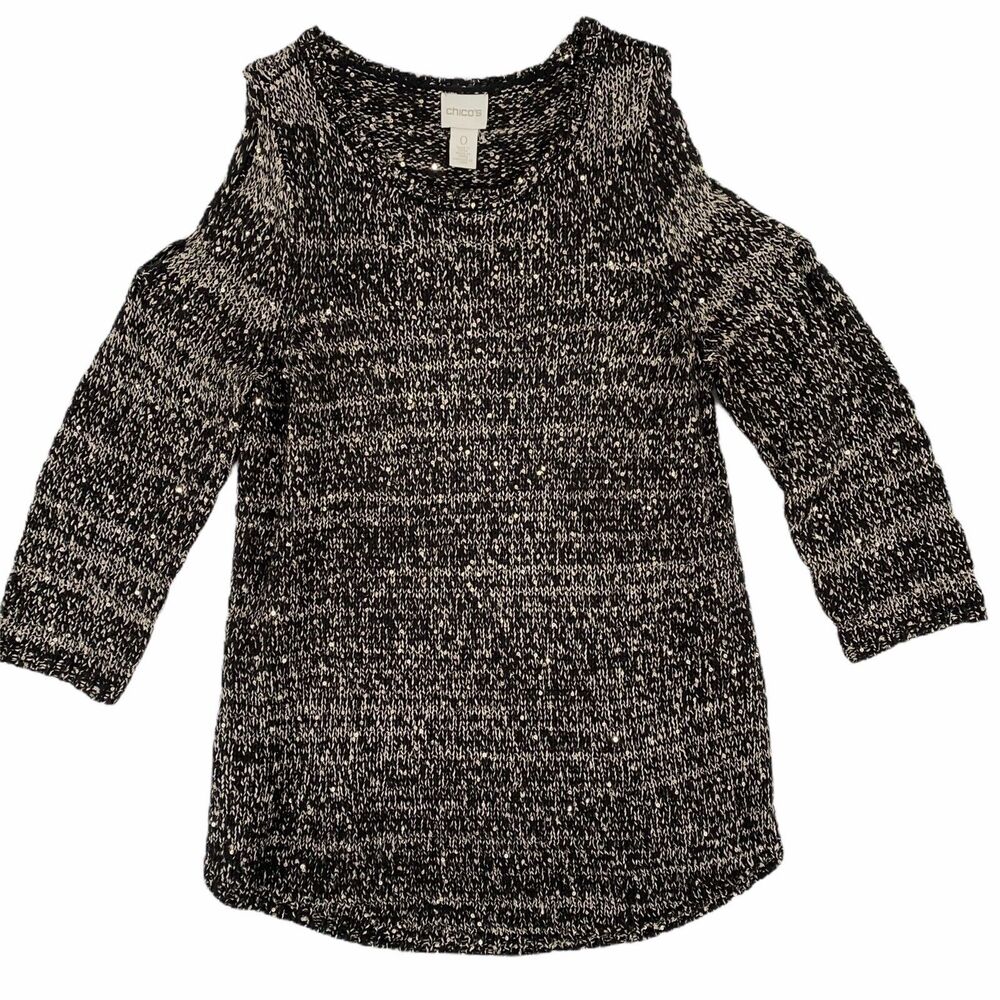 Chico's Shelley Sequin Metallic Black Gold Cold Shoulder Sweater Size 0 Small
